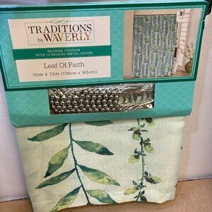 Waverly “ Leaf of Faith” Shower Curtain with Beaded Hooks NWOT
